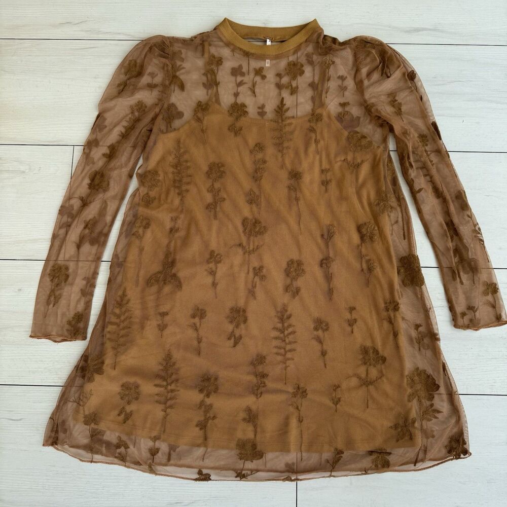 Free People Celina Brown Sheer Lace Mini Dress Womens XS Long sleeve Embroidered - Picture 6 of 13